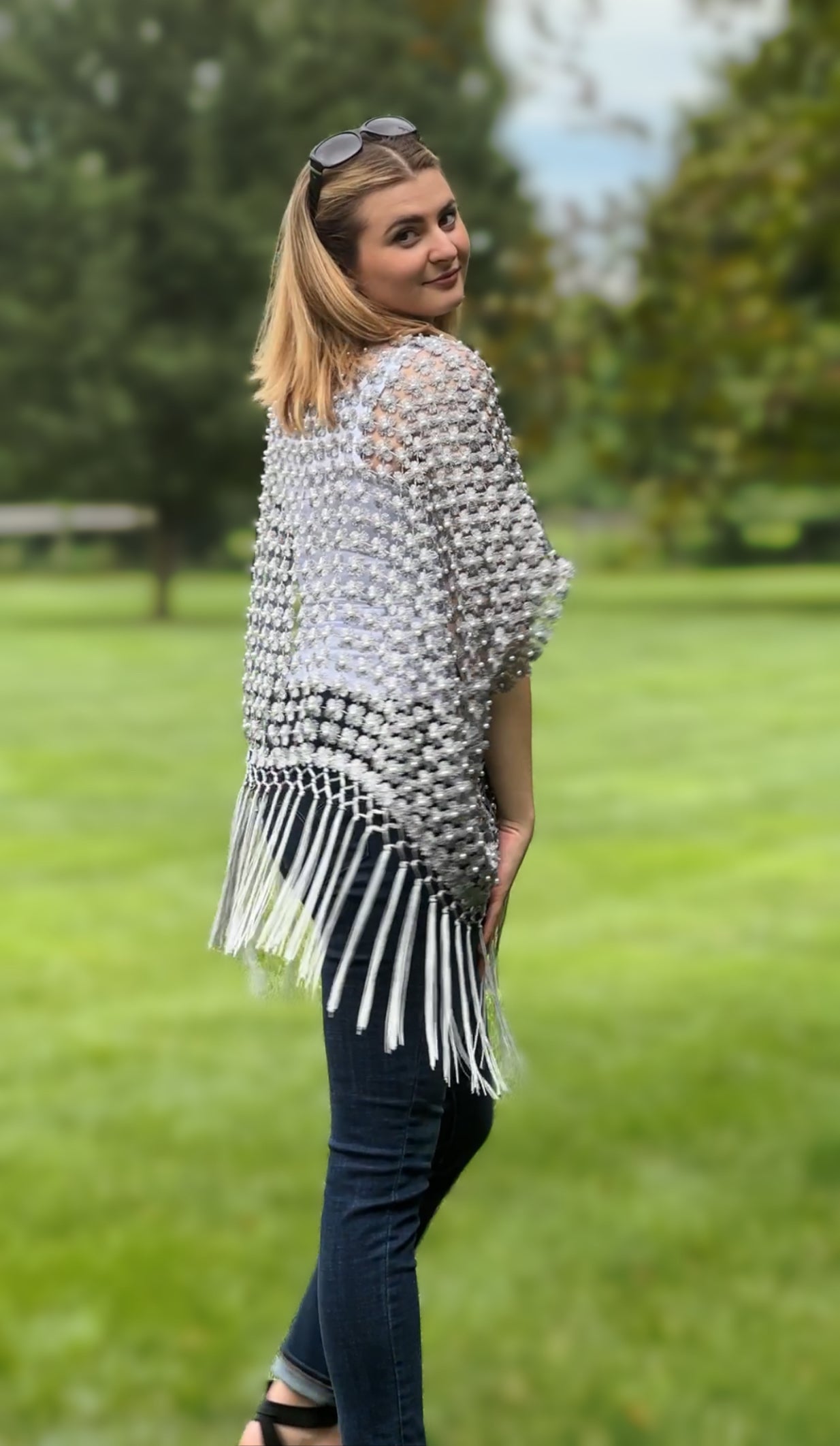 Lace coverup with all over Pearls attached and fringes (White)