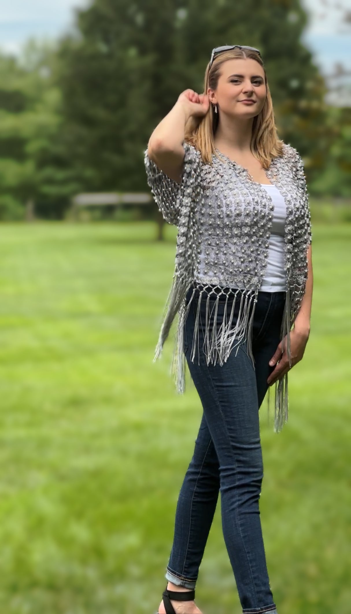 Lace coverup with all over Pearls attached and fringes (White)