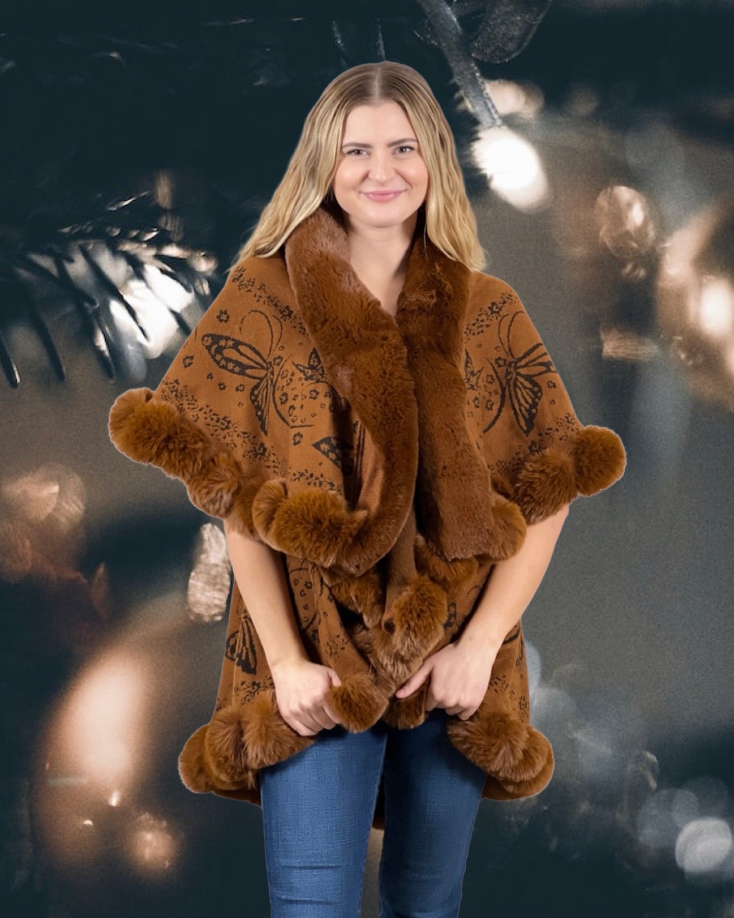 Faux Fur Trim Kimono Knitted Cape with butterfly jacquard pattern   - Caramel