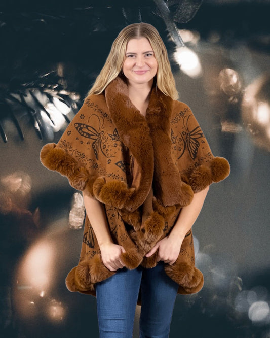 Faux Fur Trim Kimono Knitted Cape with butterfly jacquard pattern   - Caramel