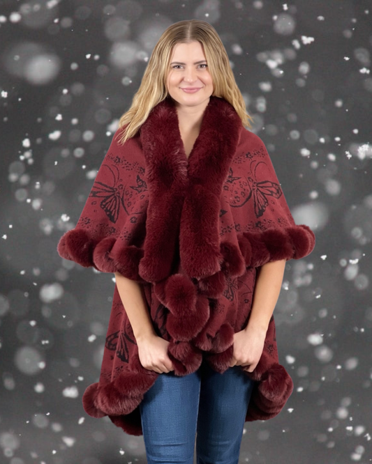 Faux Fur Trim Kimono Knitted Cape with butterfly jacquard pattern - Burgundy
