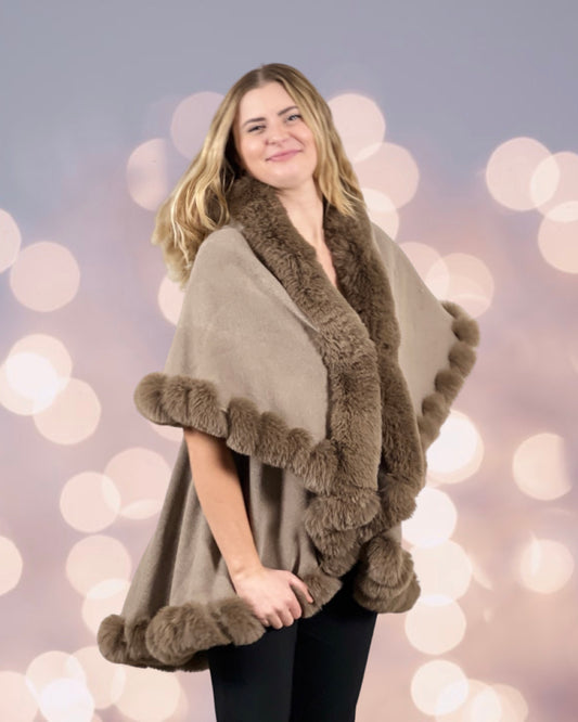 Faux Fur Trim Kimono Knitted Cape solid - Latte