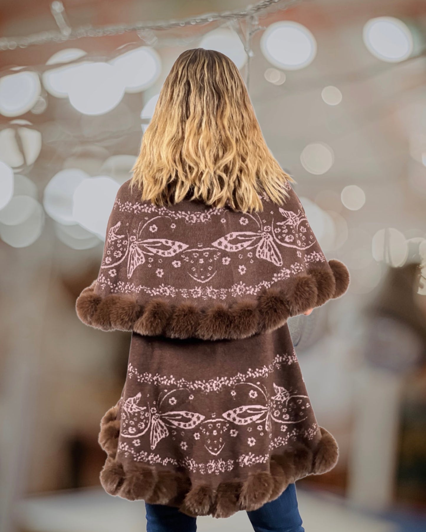 Faux Fur Trim Kimono Knitted Cape with butterfly jacquard pattern Autumn Winter Imitation Rabbit Fur Collar Windproof Cloak Boho Style  Fur Collar Shawl Warm Cardigan - Cocoa