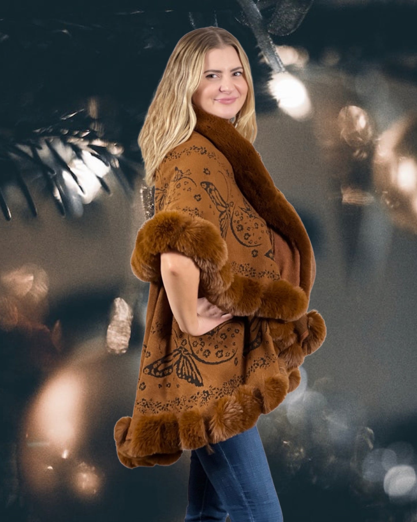 Faux Fur Trim Kimono Knitted Cape with butterfly jacquard pattern   - Caramel