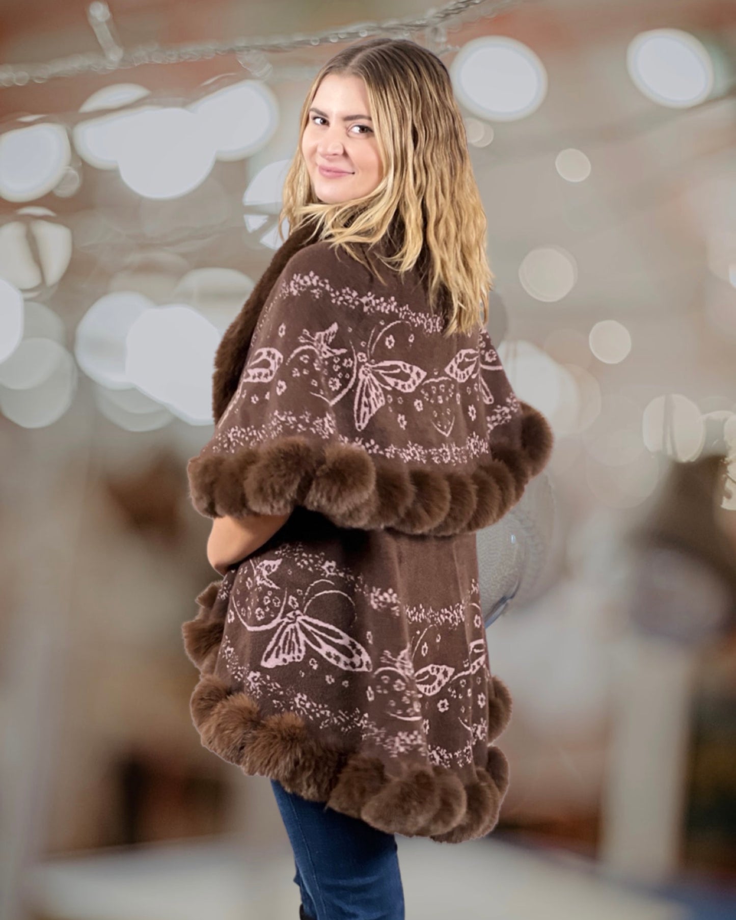 Faux Fur Trim Kimono Knitted Cape with butterfly jacquard pattern Autumn Winter Imitation Rabbit Fur Collar Windproof Cloak Boho Style  Fur Collar Shawl Warm Cardigan - Cocoa