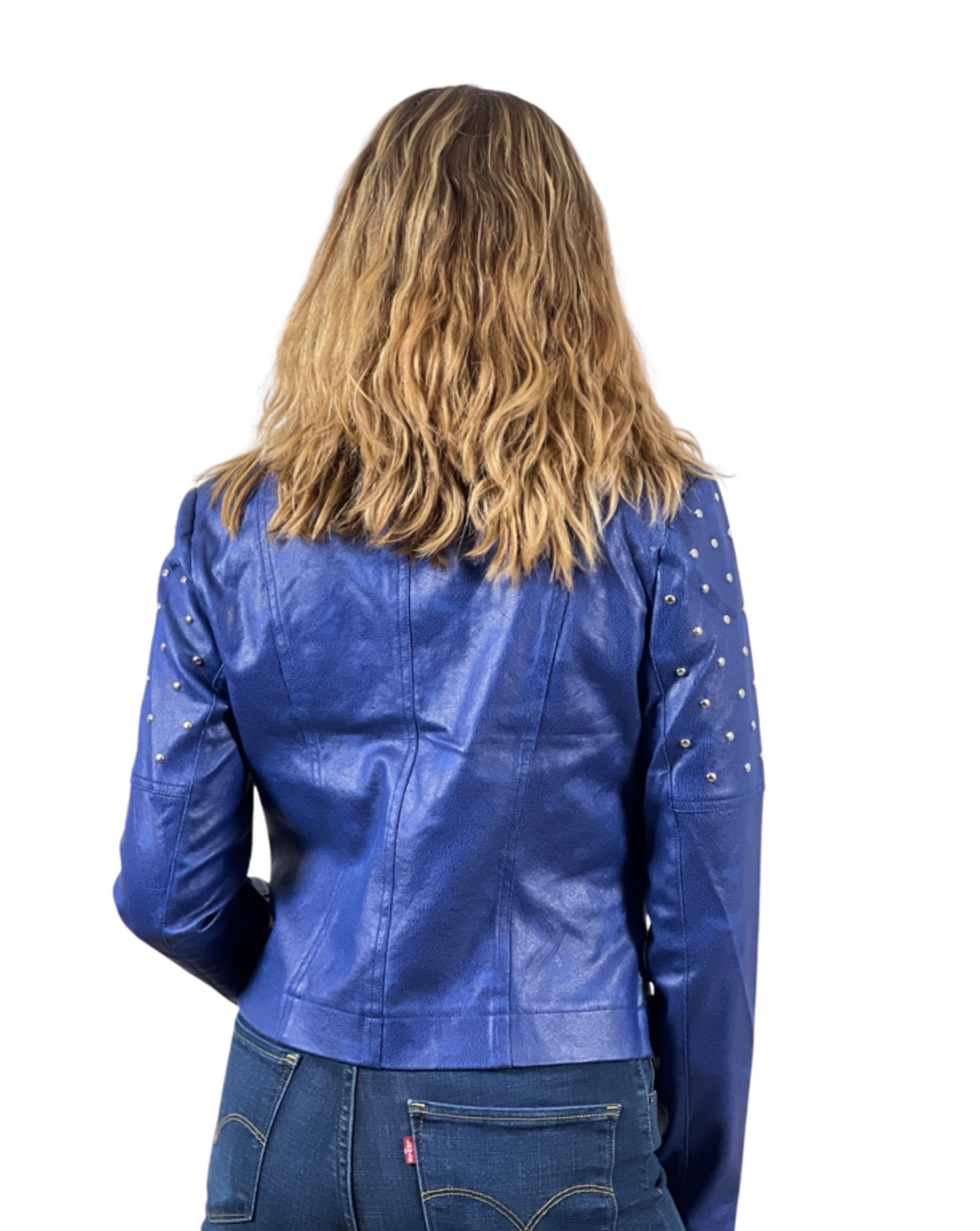 Foil Faux Leather jacket with rivets trim (Royal blue)