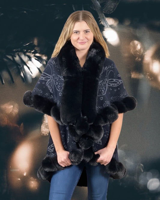 Faux Fur Trim Kimono Knitted Cape with butterfly jacquard pattern  - Black