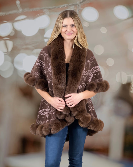 Faux Fur Trim Kimono Knitted Cape with butterfly jacquard pattern  - Cocoa