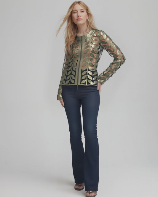 Faux Leather leaves jacket (New color ) Antique Olive