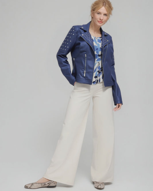 Foil Faux Leather jacket with rivets trim (Royal blue)