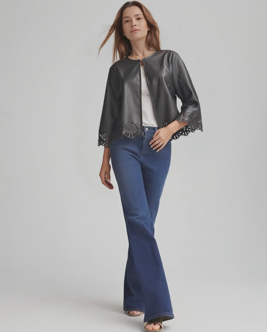 Faux Leather Laser cut short jacket (Black)