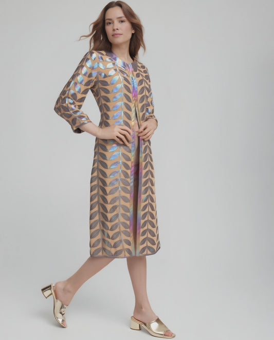 Faux Leather leaves long Jacket with 3/4 sleeves (Laser Shine)