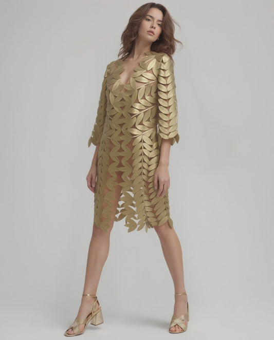 Faux Leather leaves long Jacket with 3/4 sleeves (Gold)