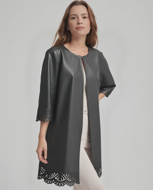 Faux Leather Laser cut Long jacket (Black)
