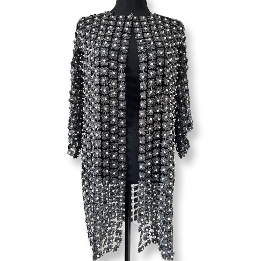 Long Lace coverup with all over Pearls attached (Black)