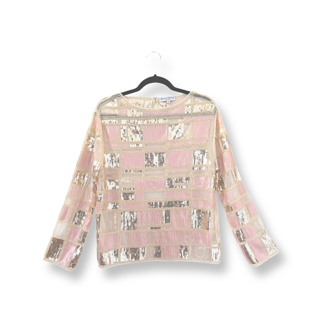 Color blocked Beads & Sequins embroidered long sleeves Blouse (Gold & lightpink)