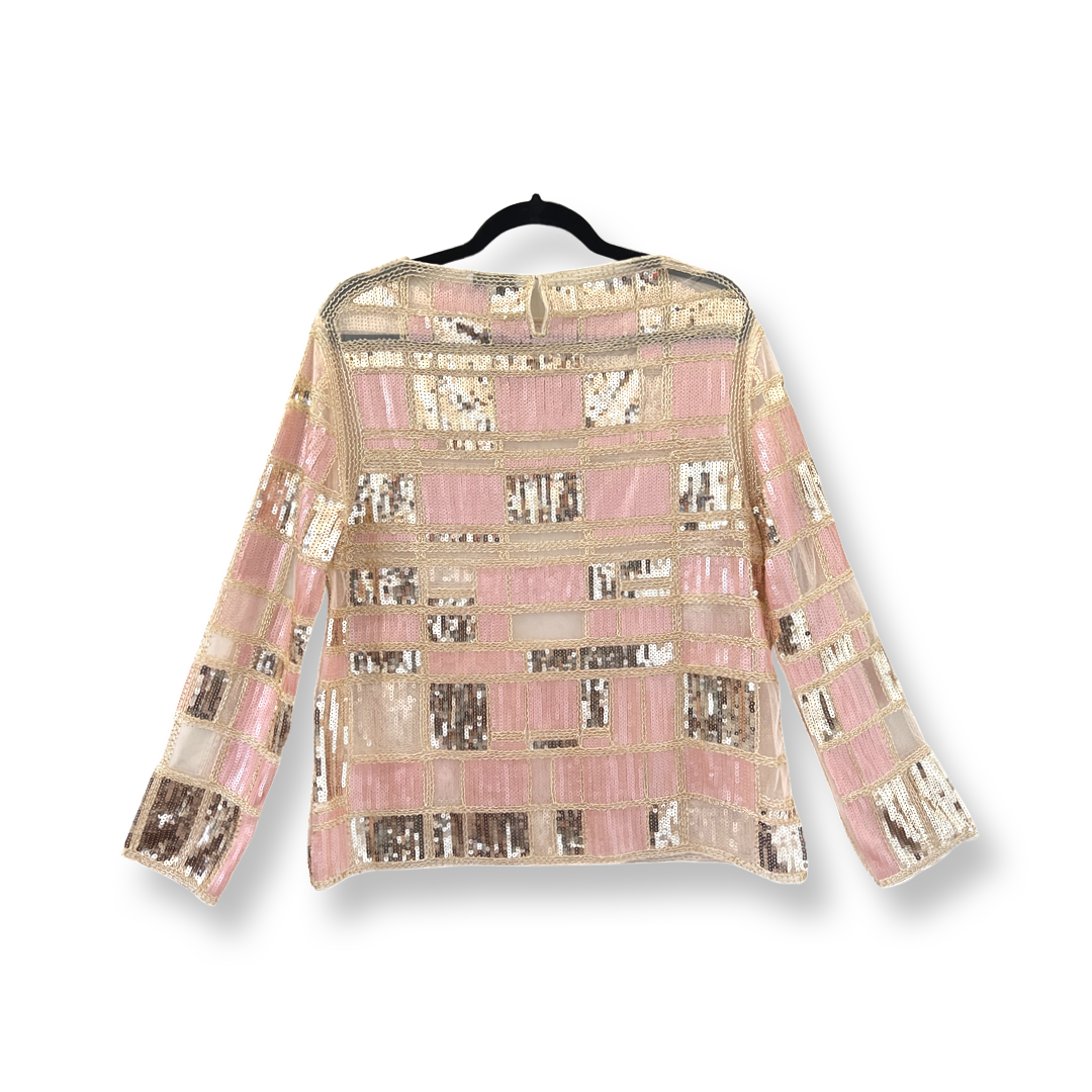 Color blocked Beads & Sequins embroidered long sleeves Blouse (Gold & lightpink)