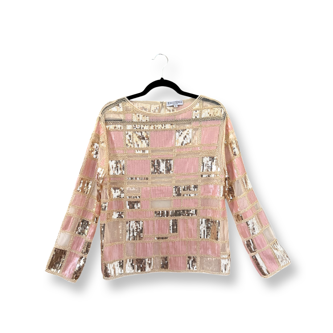 Color blocked Beads & Sequins embroidered long sleeves Blouse (Gold & lightpink)