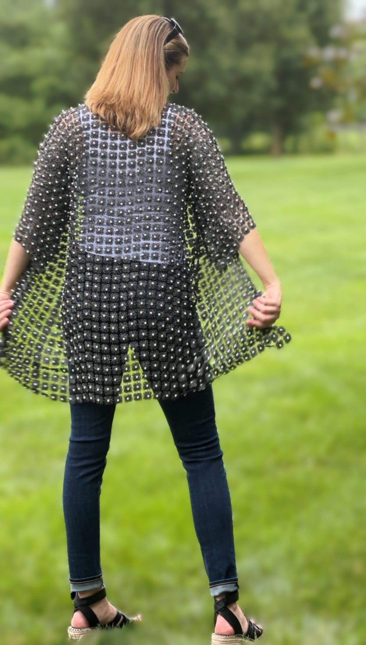 Long Lace coverup with all over Pearls attached (Black)