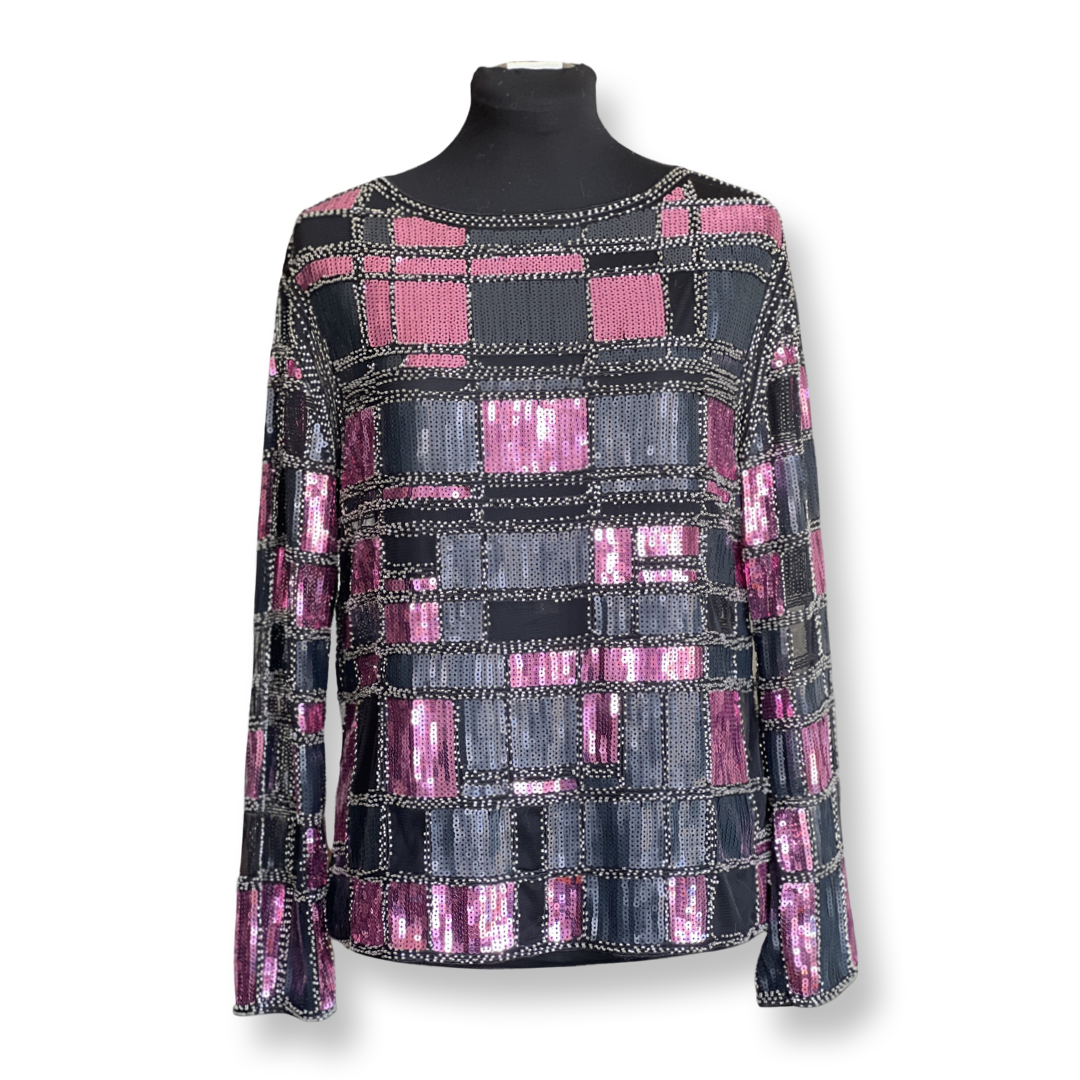 Color blocked Beads & Sequins embroidered long sleeves Blouse (Black&Hot Pink)
