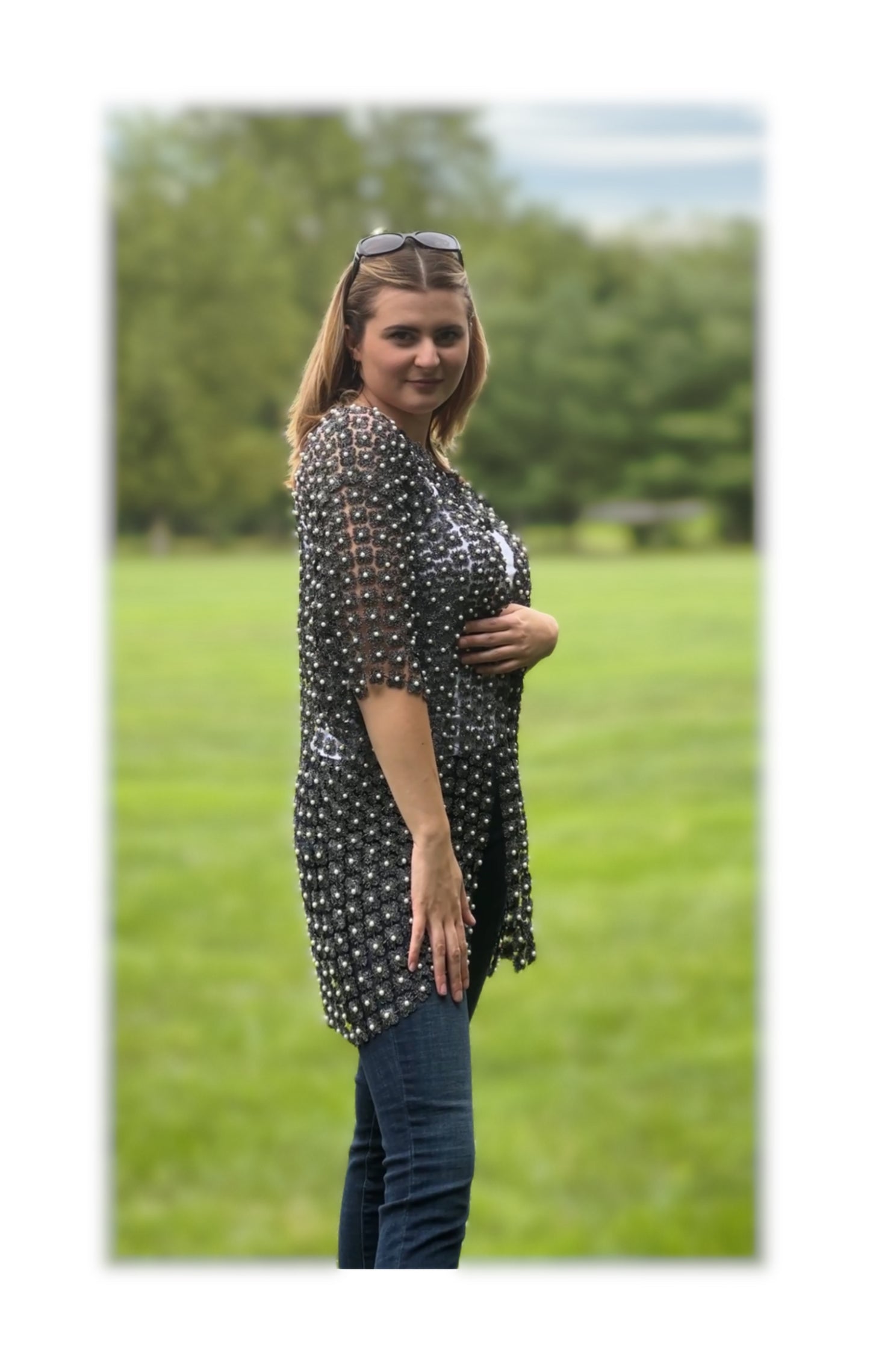 Long Lace coverup with all over Pearls attached (Black)