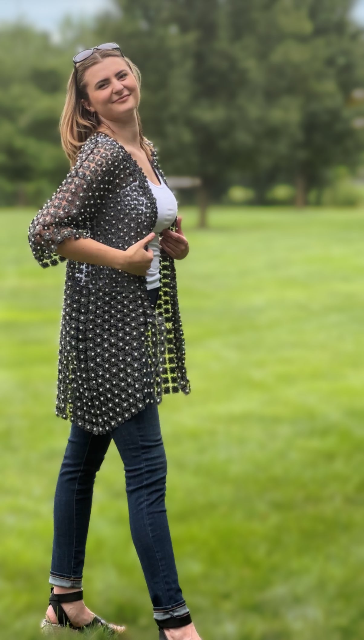 Long Lace coverup with all over Pearls attached (Black)