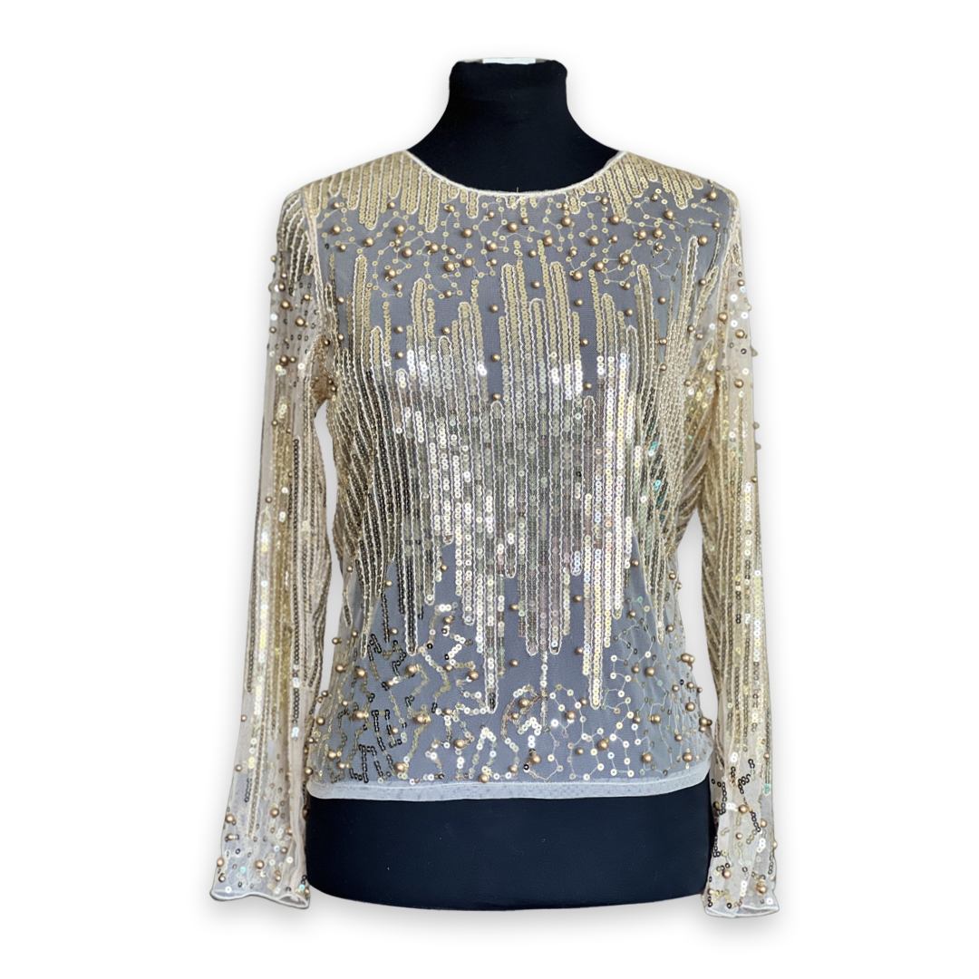 Beads&sequin embroidered on mesh long sleeve blouse (Gold)