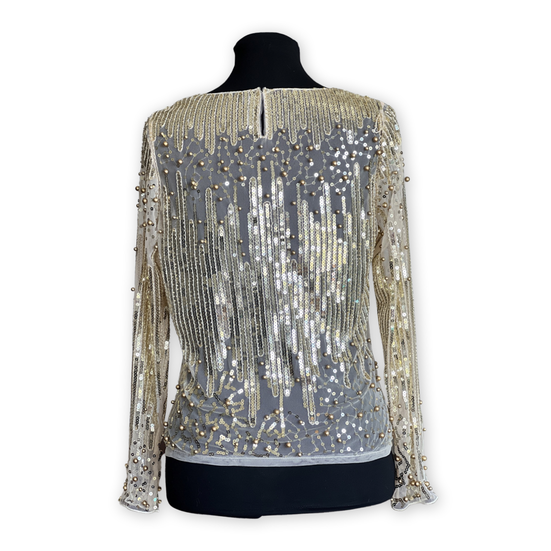Beads&sequin embroidered on mesh long sleeve blouse (Gold)