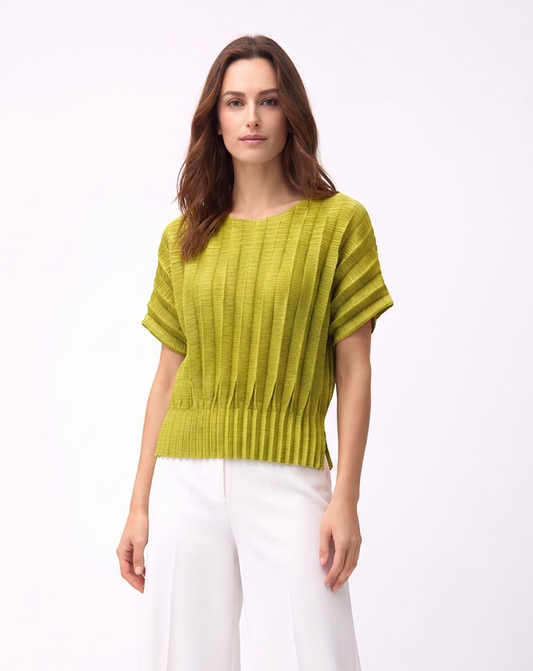 Pleating Short Sleeves Top- Dual Fold - Lime