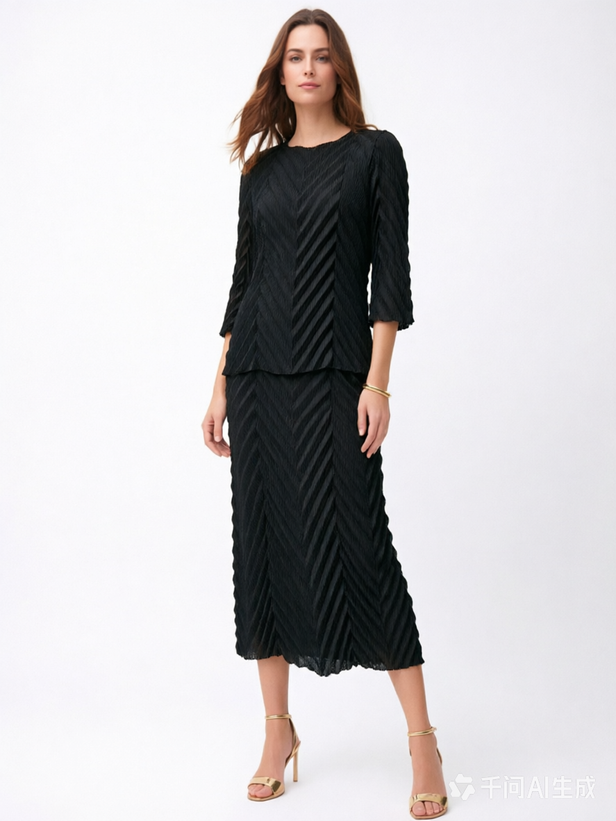 Pleating Bell Sleeves Top- Chevron Flow- Black
