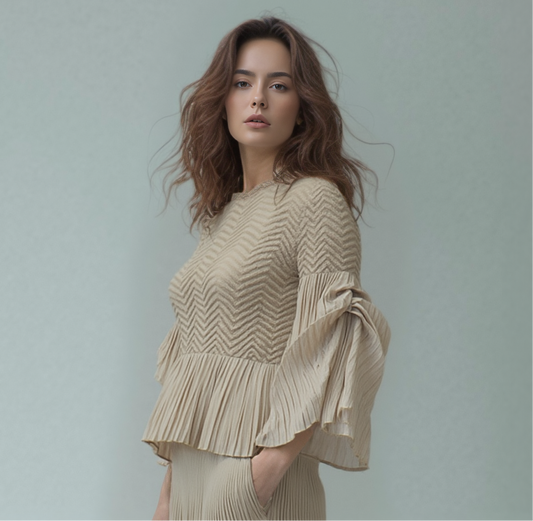 Pleated blouse top with flared sleeves & sweep (Apricot)