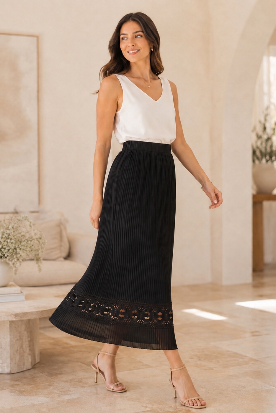 Pleating Cutout Midi Skirt - Black