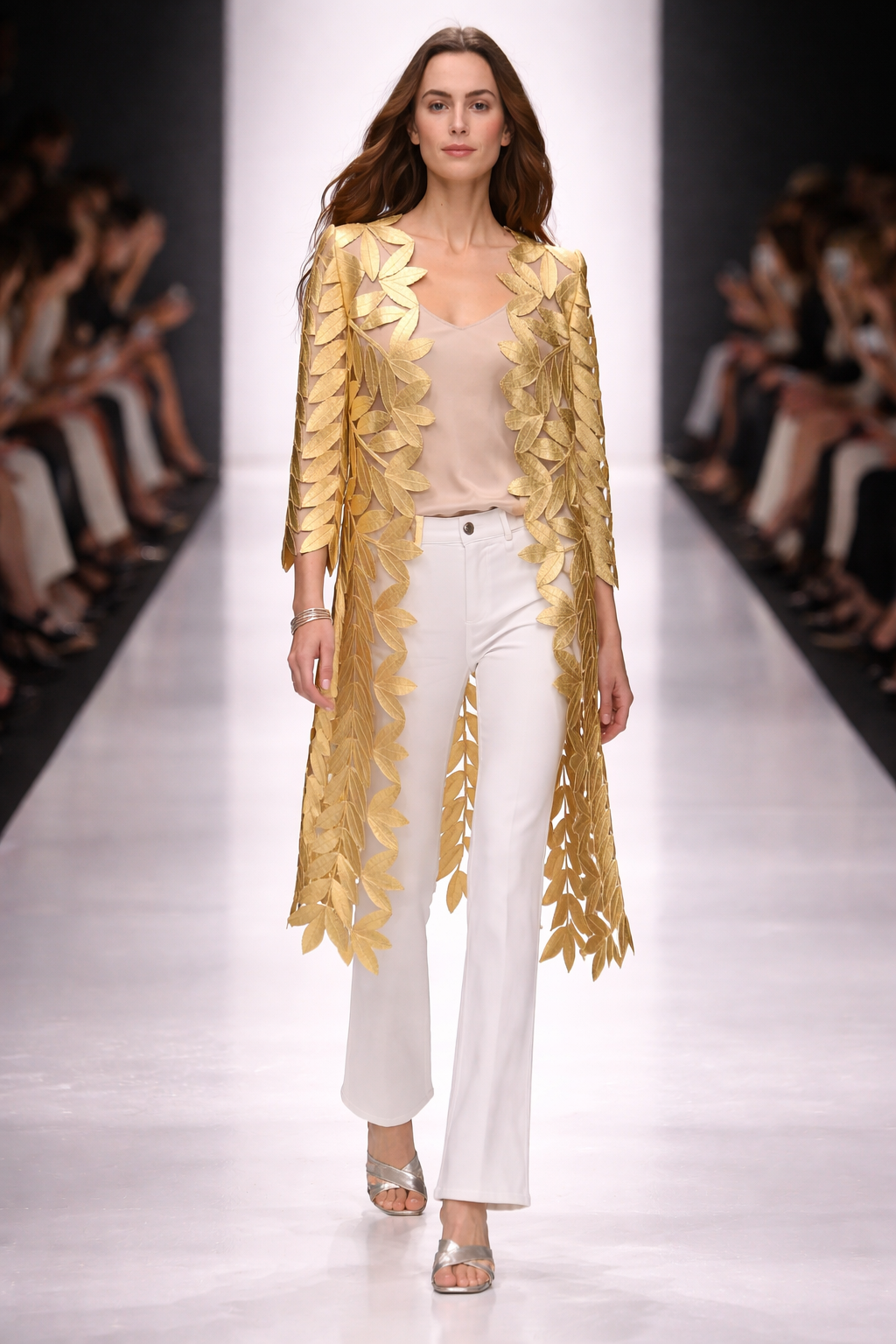 Faux Leather leaves long Jacket with 3/4 sleeves (Gold)