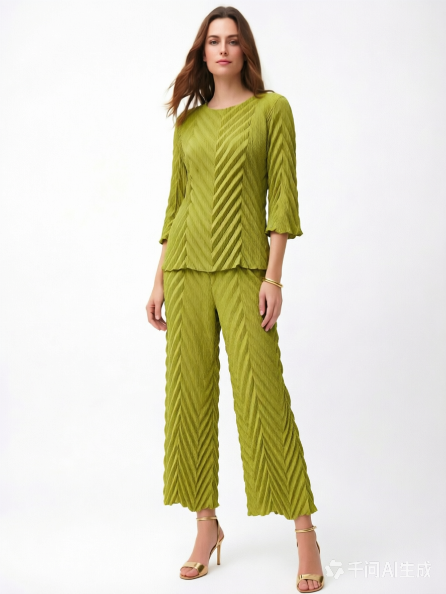 Pleating Bell Sleeves Top- Chevron Flow- Lime