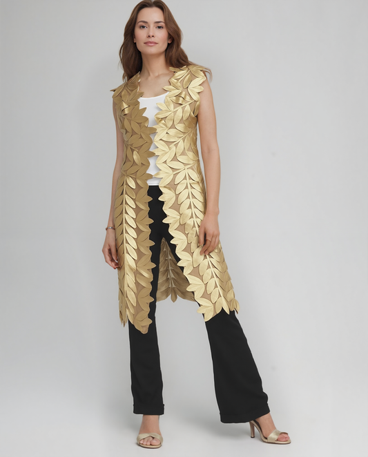 Faux Leather leaves long vest (Gold)
