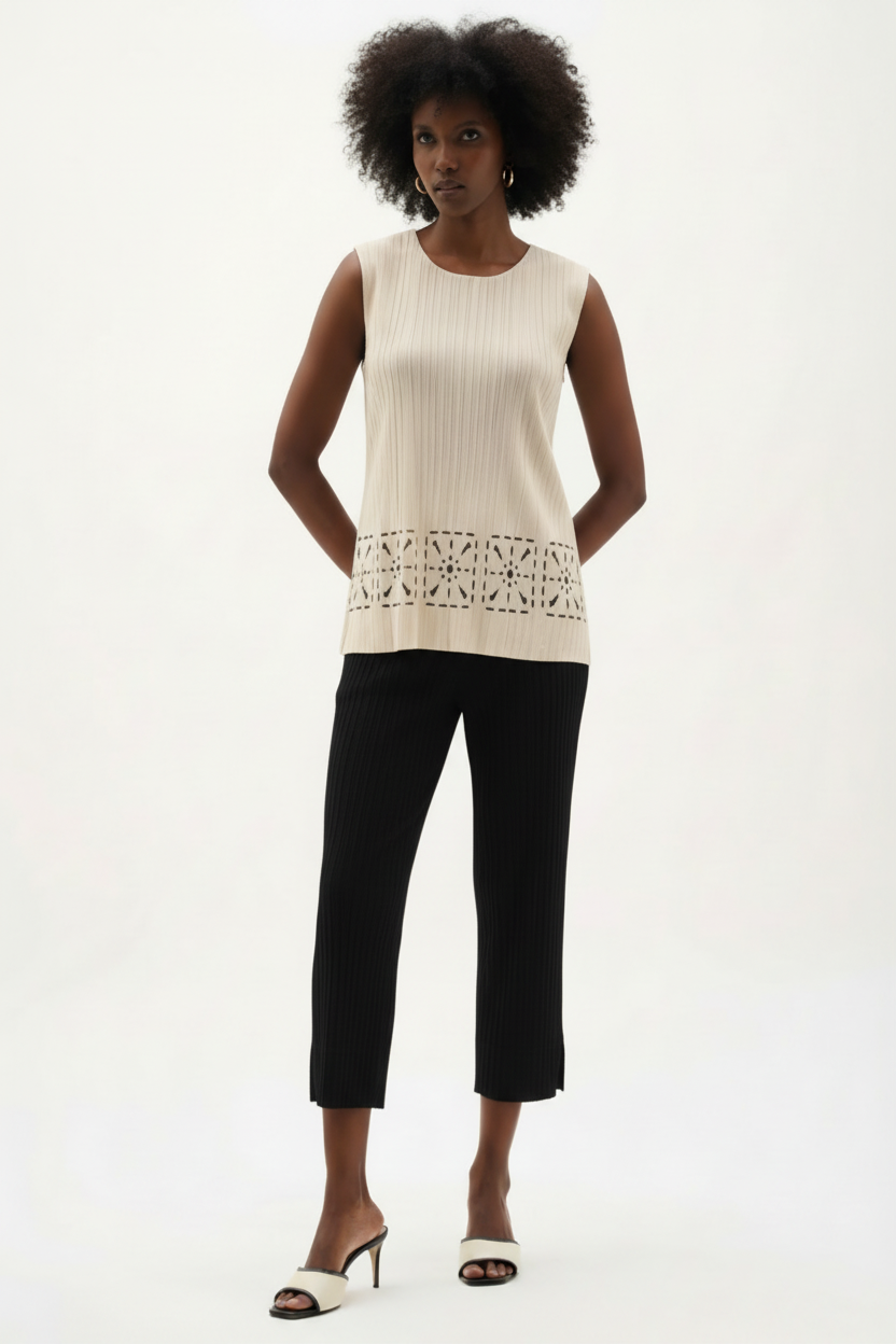 Pleated Cutout sleeveless Top - Cream