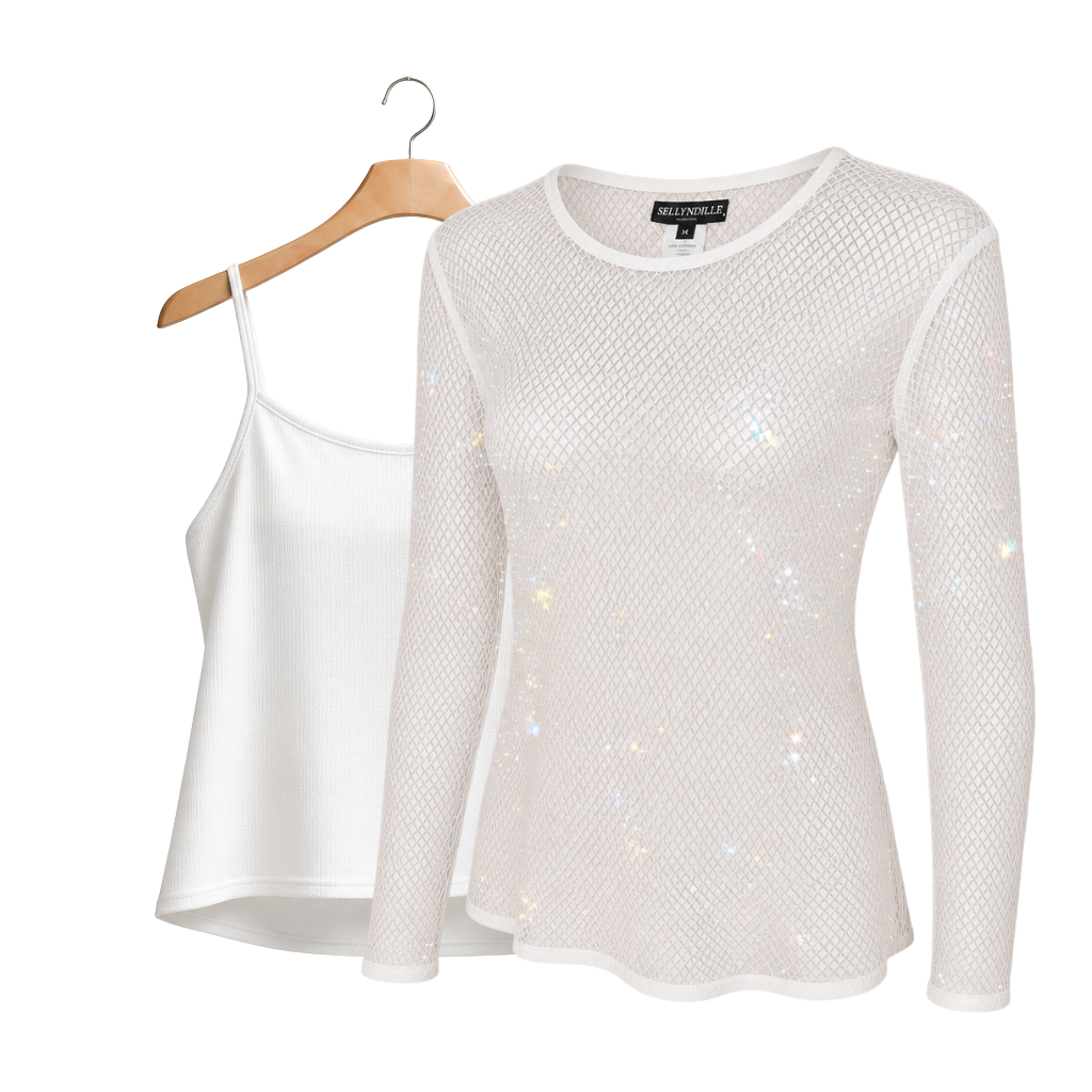 Diamond Mesh long sleeve top with matching Camisole (white)