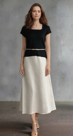 Diamond Sateen Maxi Skirt with Elastic Waistband ( White )