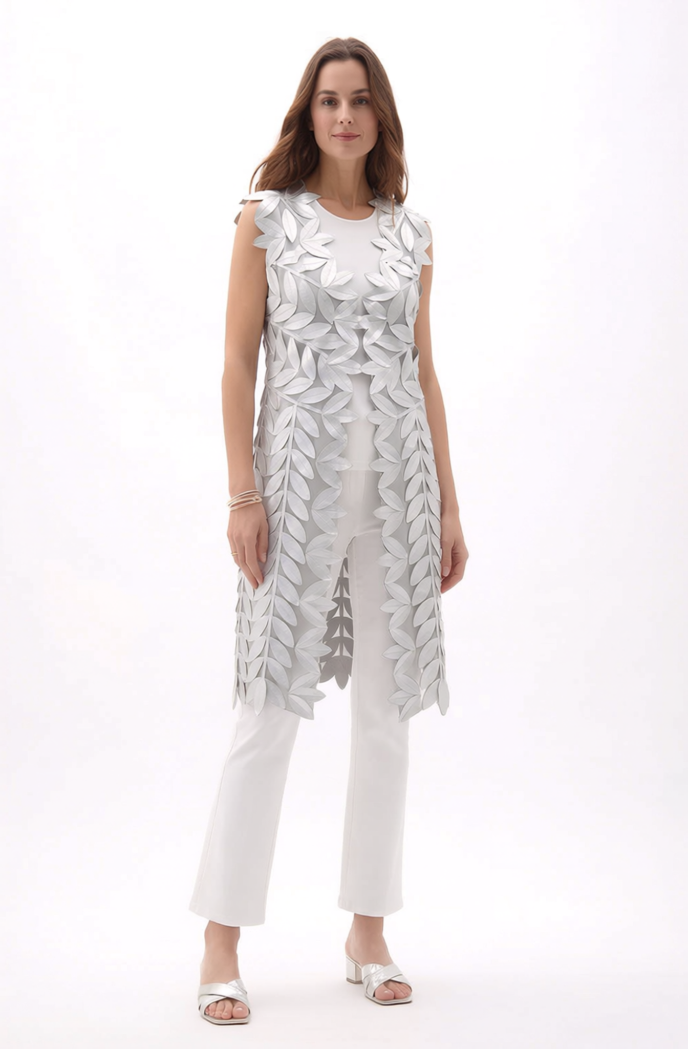 Faux Leather leaves long vest (Silver)