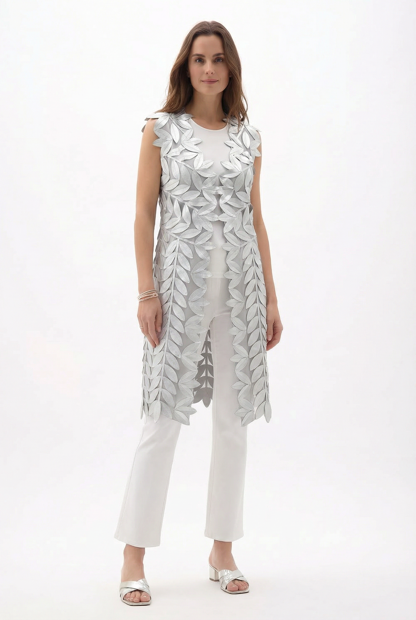 Faux Leather leaves long vest (Silver)