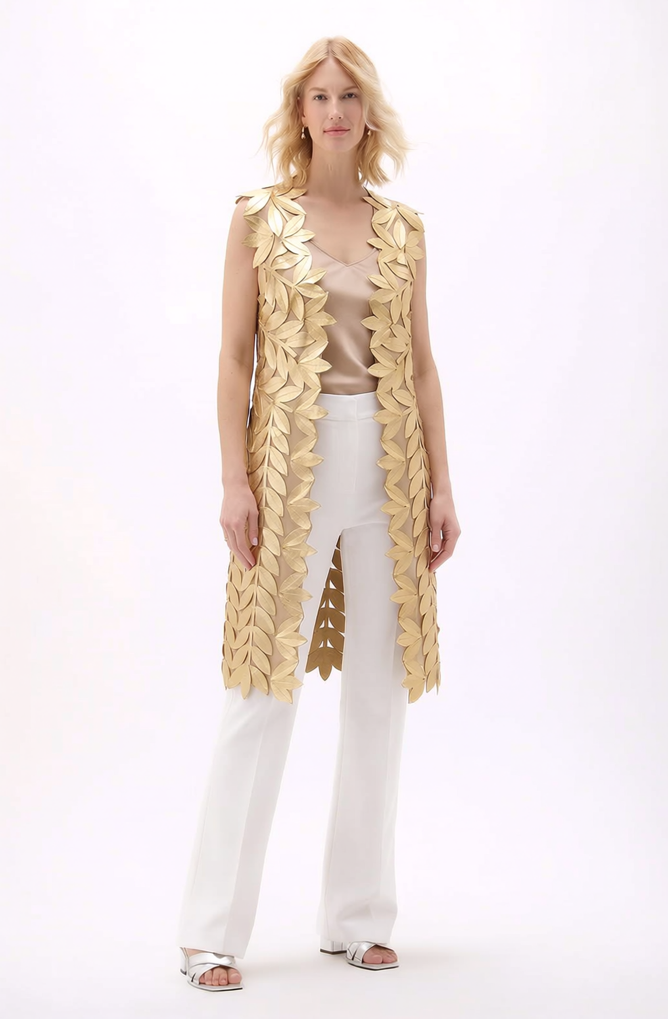 Faux Leather leaves long vest (Gold)