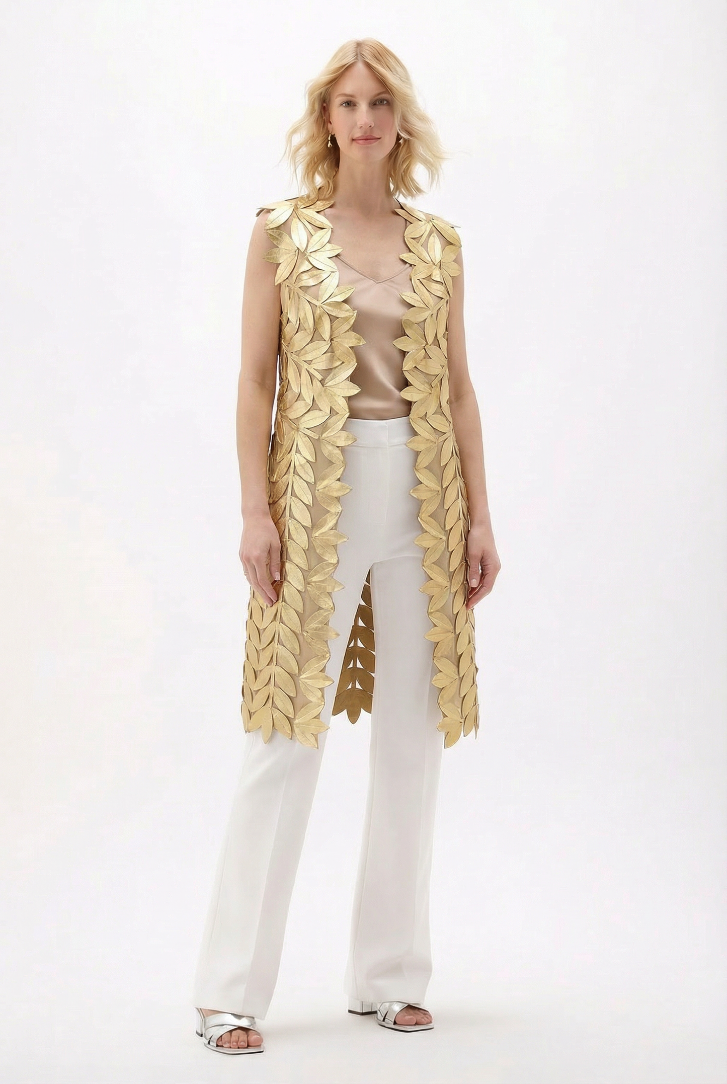 Faux Leather leaves long vest (Gold)