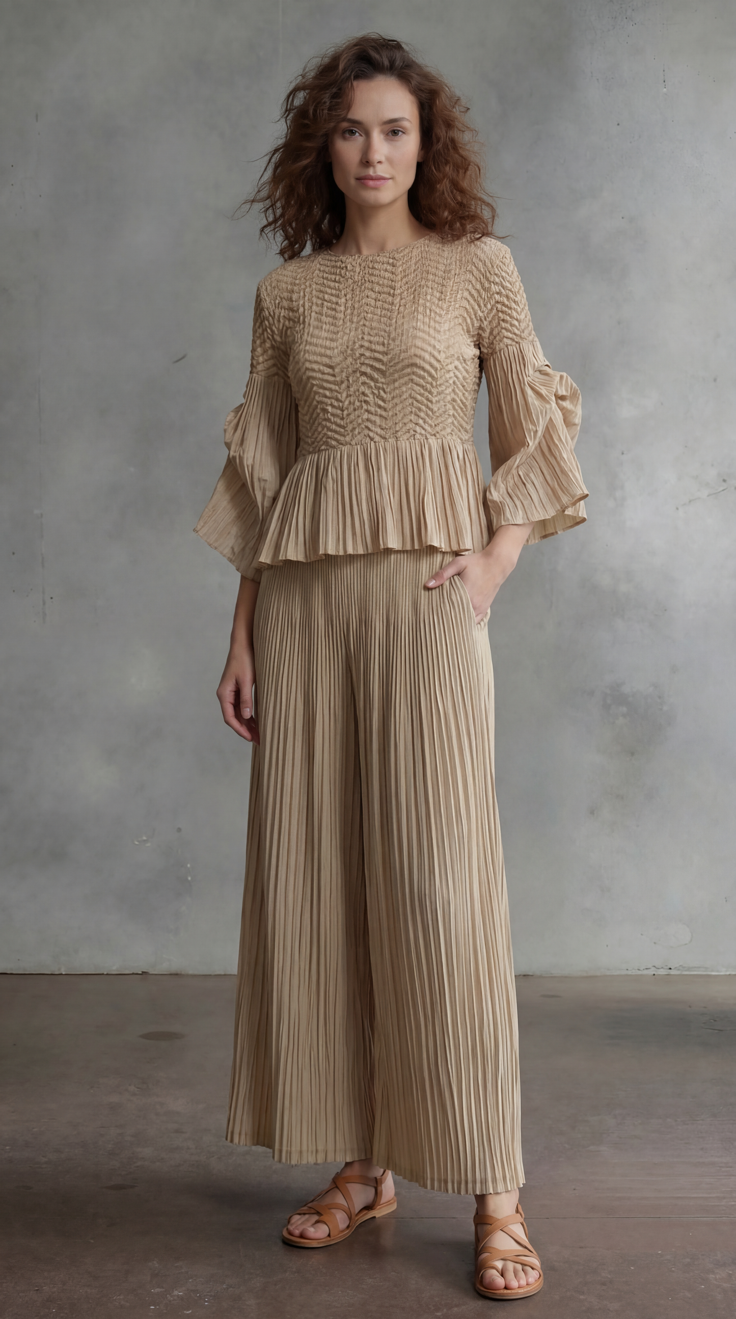 Pleated blouse top with flared sleeves & sweep (Apricot)