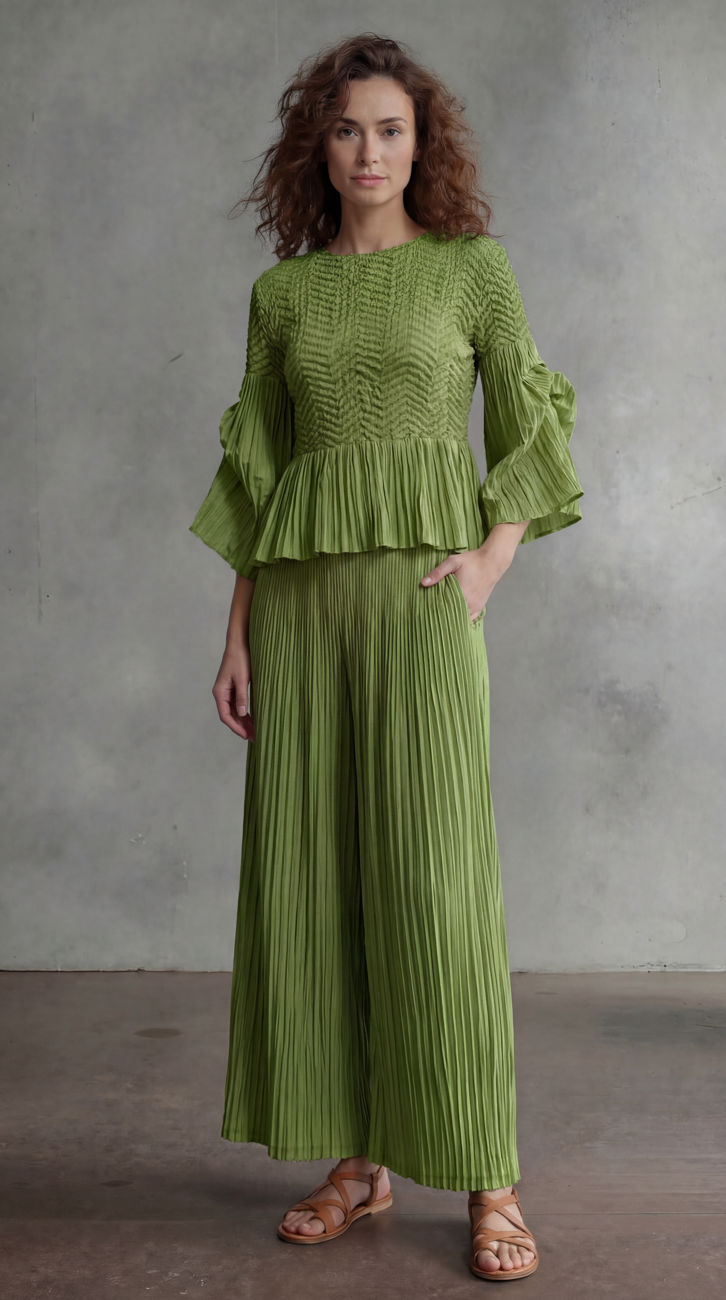 Pleated blouse top with flared sleeves & sweep (Green)