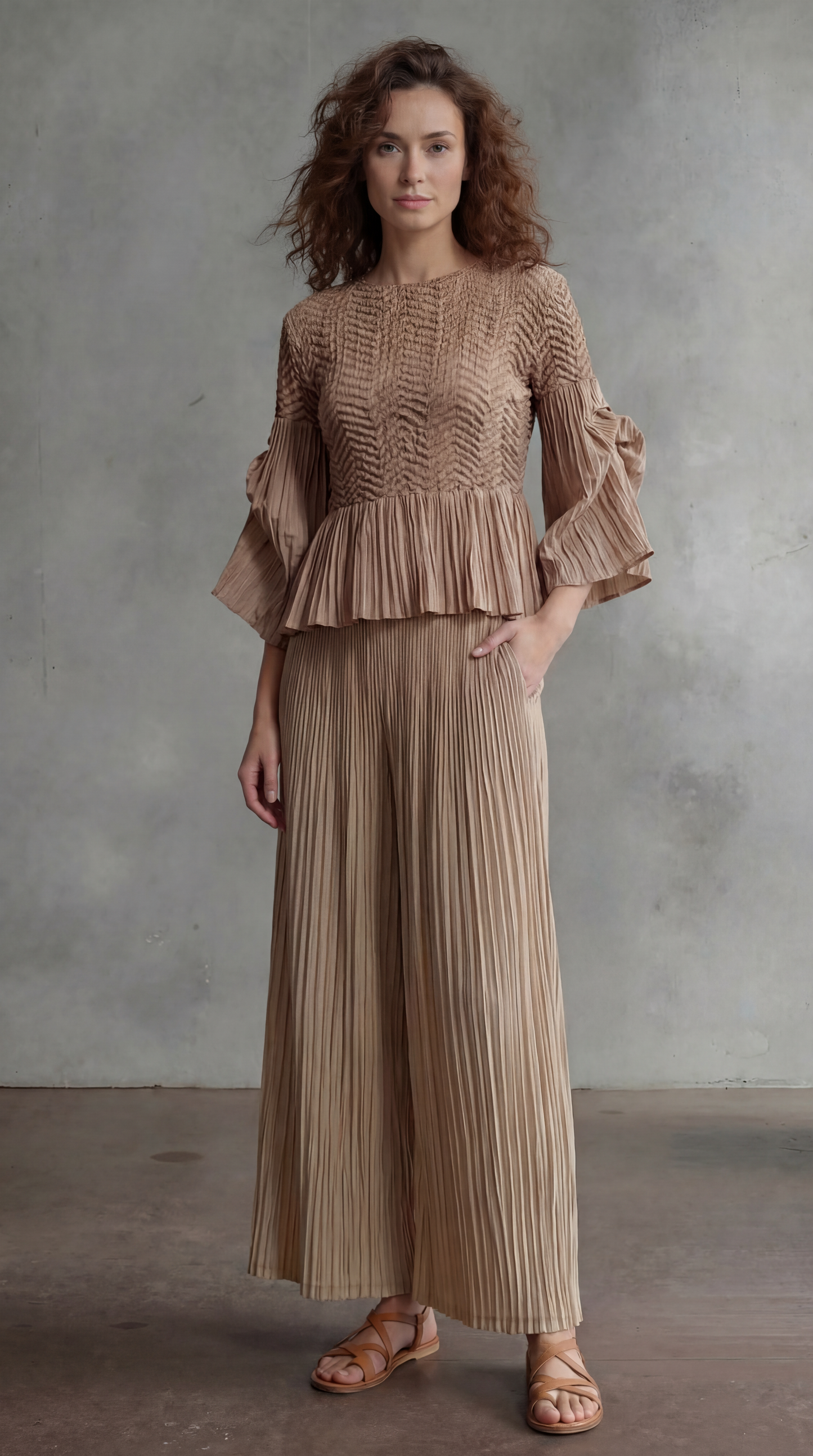 Pleated blouse top with flared sleeves & sweep (Mocha)