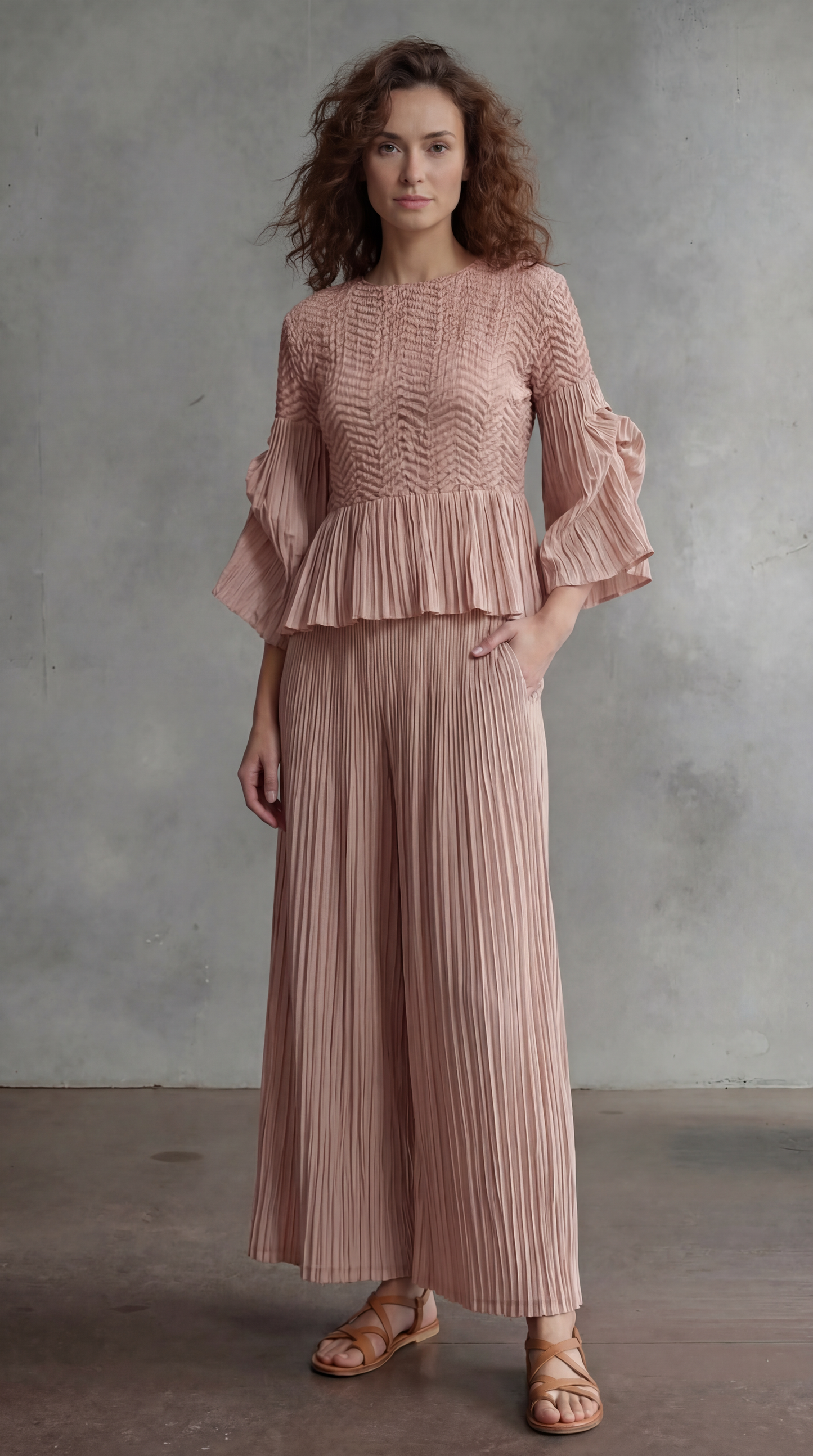 Pleated blouse top with flared sleeves & sweep (Pink)