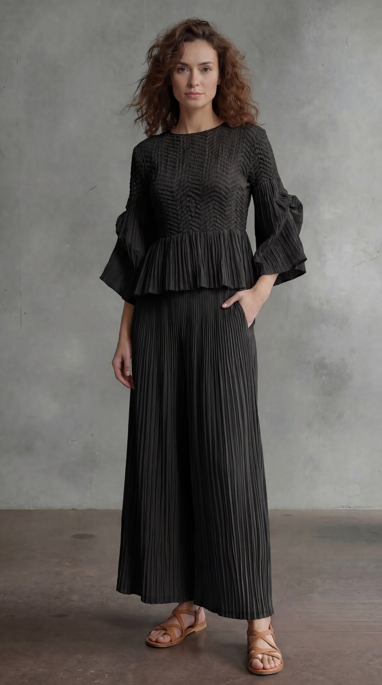 Pleated blouse top with flared sleeves & sweep (Black)