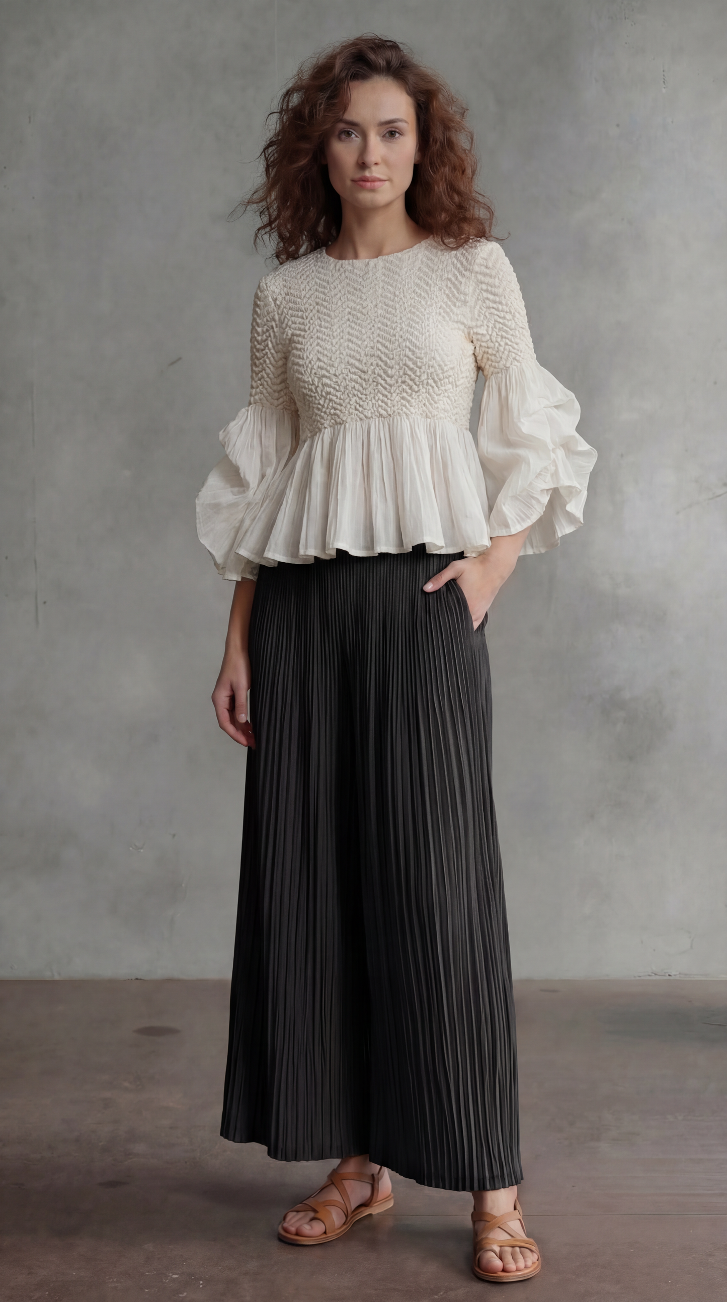 Pleated blouse top with flared sleeves & sweep (White)