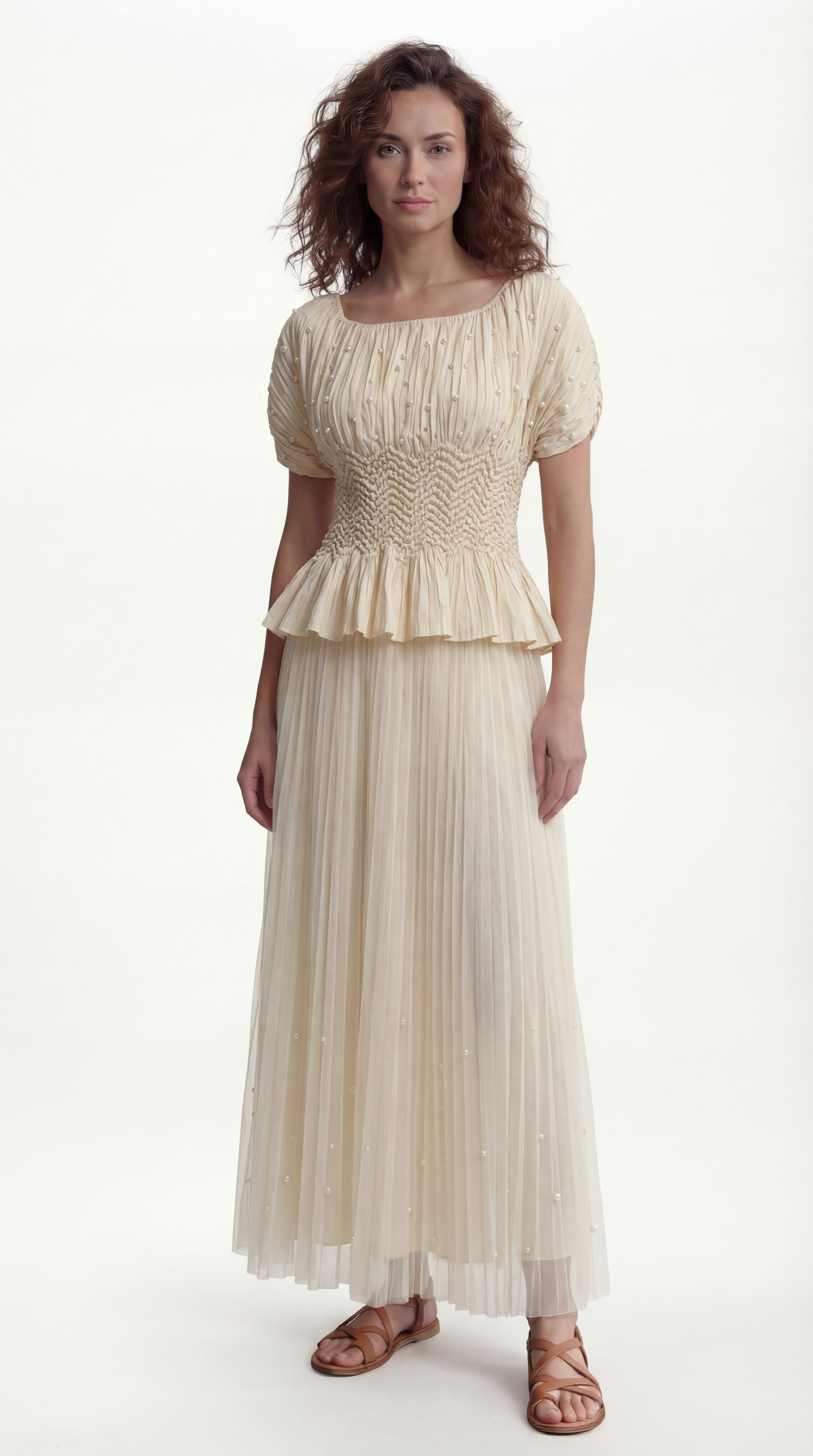 Pleated blouse top with pearls & Diamonds (Apricot)