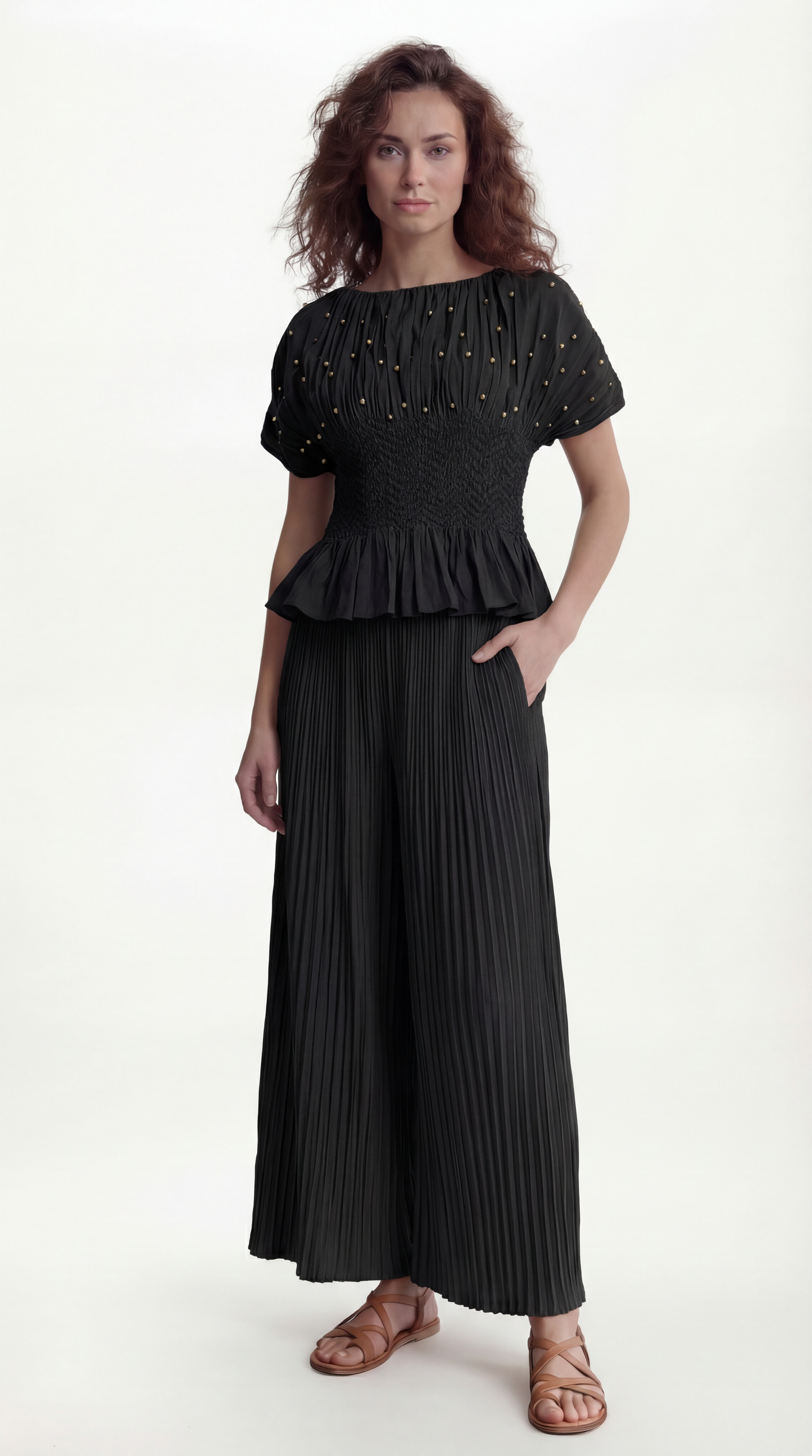 Pleated blouse top with pearls & Diamonds (Black)